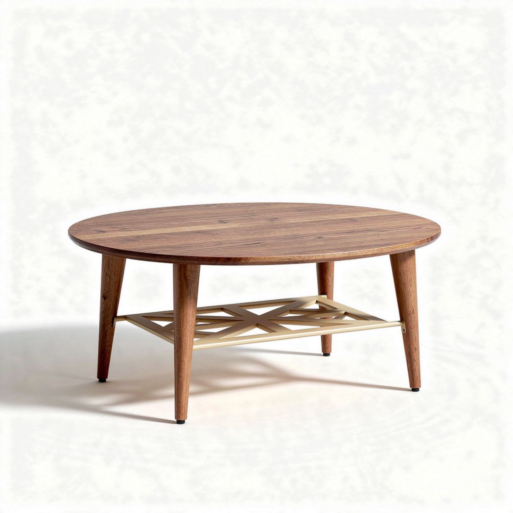 Round wooden coffee table with lower shelf and leg support 120 x 80 x 40cm