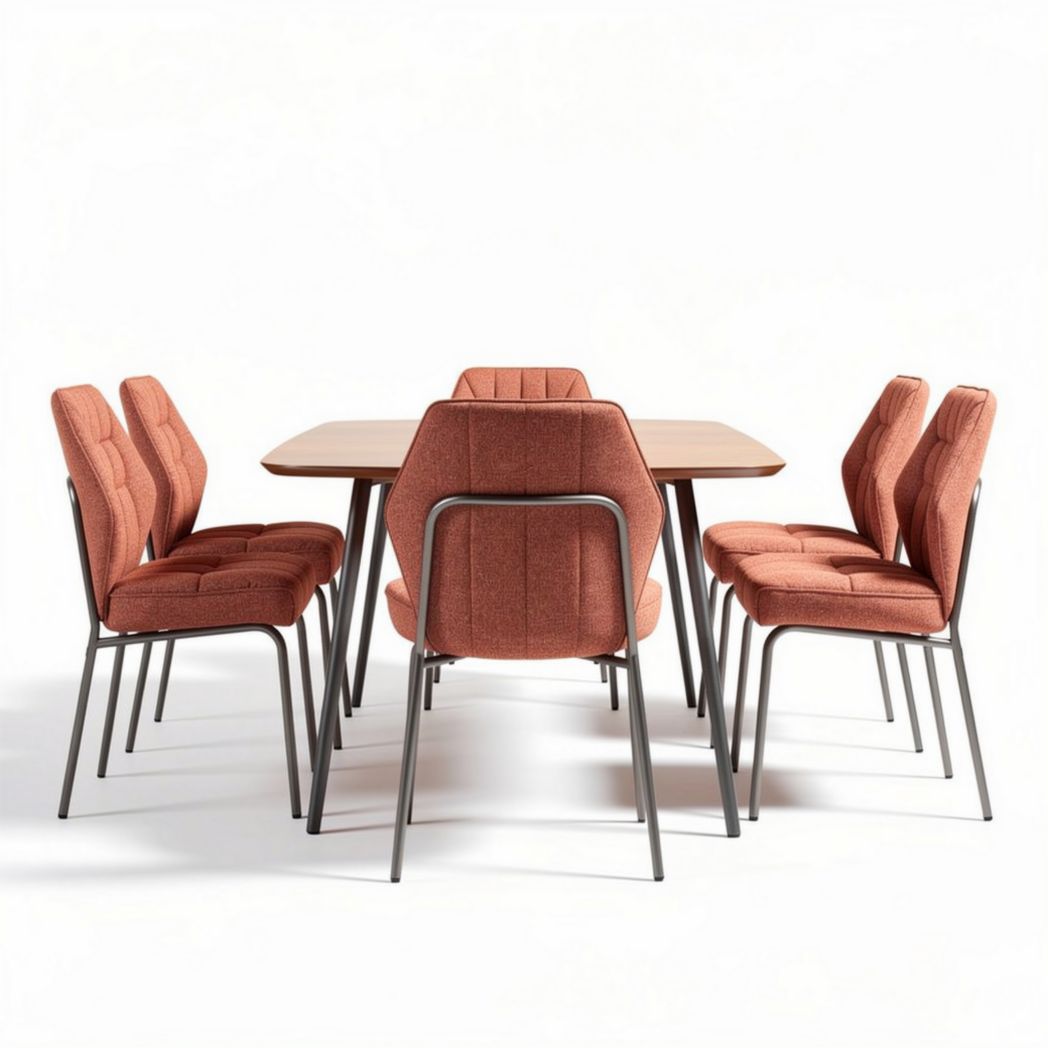 Dining table set with six upholstered chairs in rust color dimensions 180 x 90 x 75cm