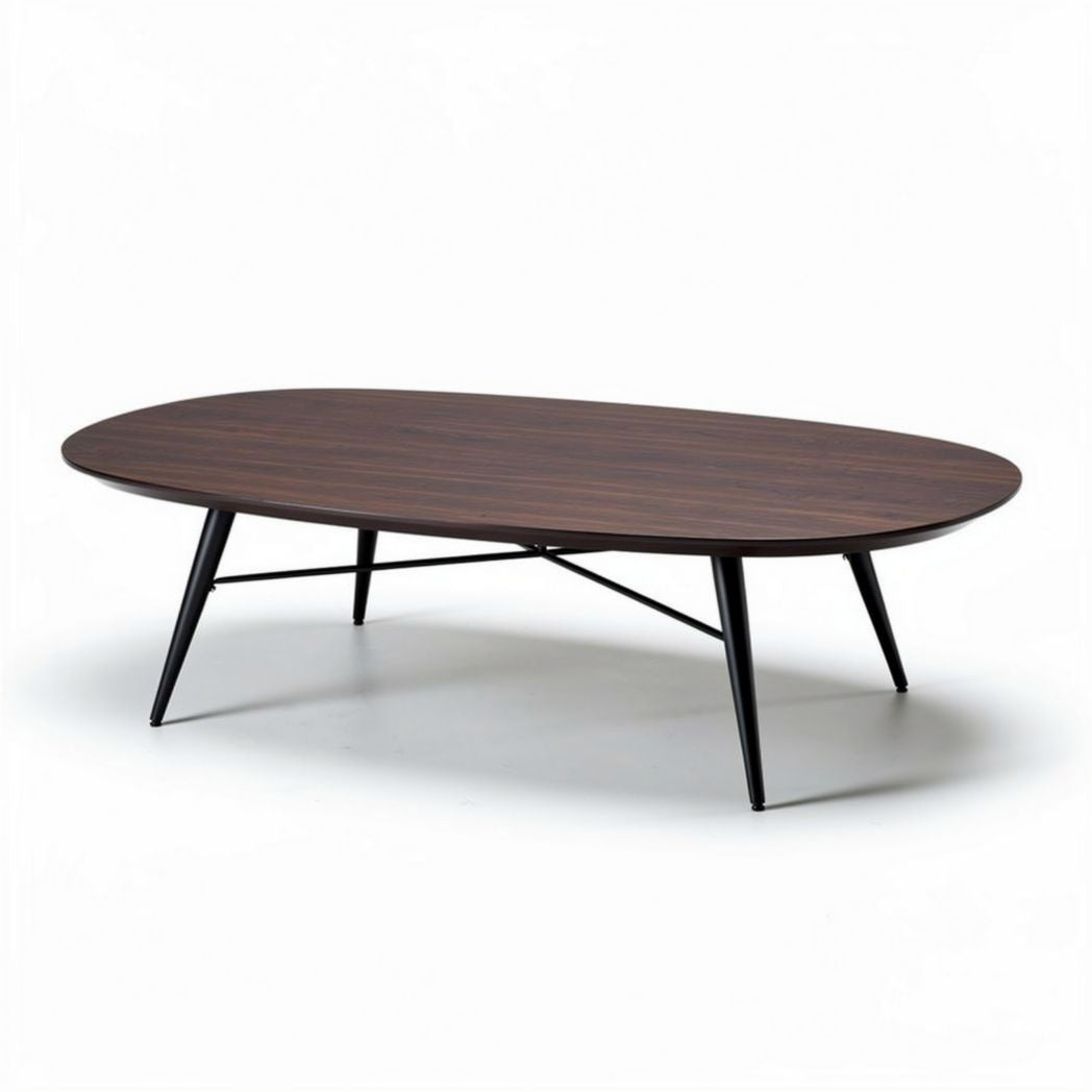 Oval coffee table with dark walnut finish and black metal legs 150 x 90 x 45cm