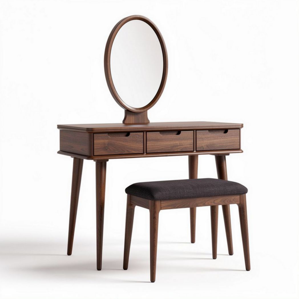 Walnut vanity table set with round mirror and cushioned stool 90 x 40 x 75cm