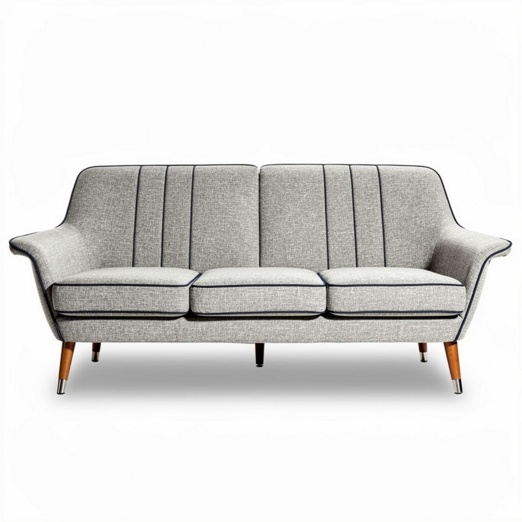 Mid-century modern grey fabric sofa with rubber wood legs 180 x 80 x 70cm